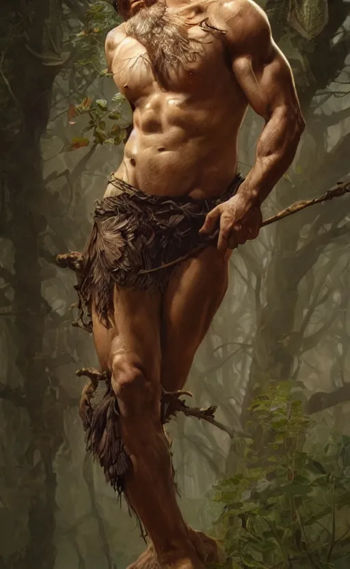 Image similar to portrait of the god of the forest, 30 years old, rugged, male, gorgeous, detailed face, amazing, thighs!!!!!!, muscular, intricate, highly detailed, digital painting, artstation, concept art, sharp focus, illustration, art by greg rutkowski and alphonse mucha