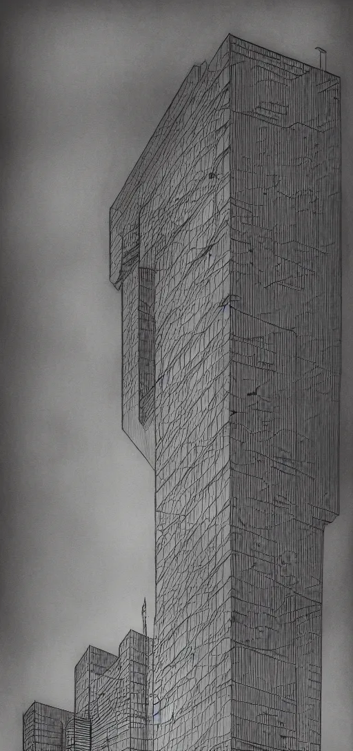 Prompt: a modern office building drawn in the style of Zdzisław Beksiński, 4K, dramatic, dark, horror art,