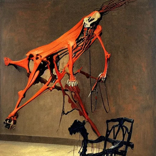 Prompt: dark figure hanging on wall and another dark figure laughing while riding a horse skeleton by Francisco Goya and Francis Bacon, vibrant red background, mythological painting, oil painting, triadic color scheme, very coherent, Figure laughing seated on a throne made out of a whale skeleton inside interior room, Beksinski painting, masterpiece, artstation