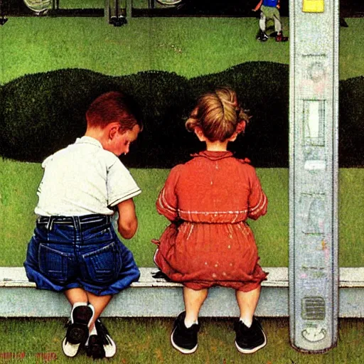 Image similar to boy and girl at a playground staring at iphones, by norman rockwell