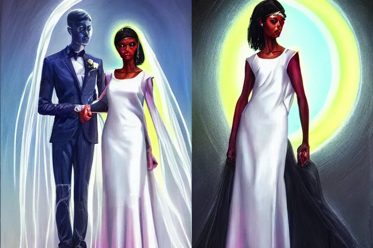 Image similar to wedding day 🫀👩🏾, futuristic wedding dress, neon god of city character portrait, in the style of margaret keane, moebius, tom bagshaw, and waterhouse, cinematic lighting, beautiful, elegant, oil painting,