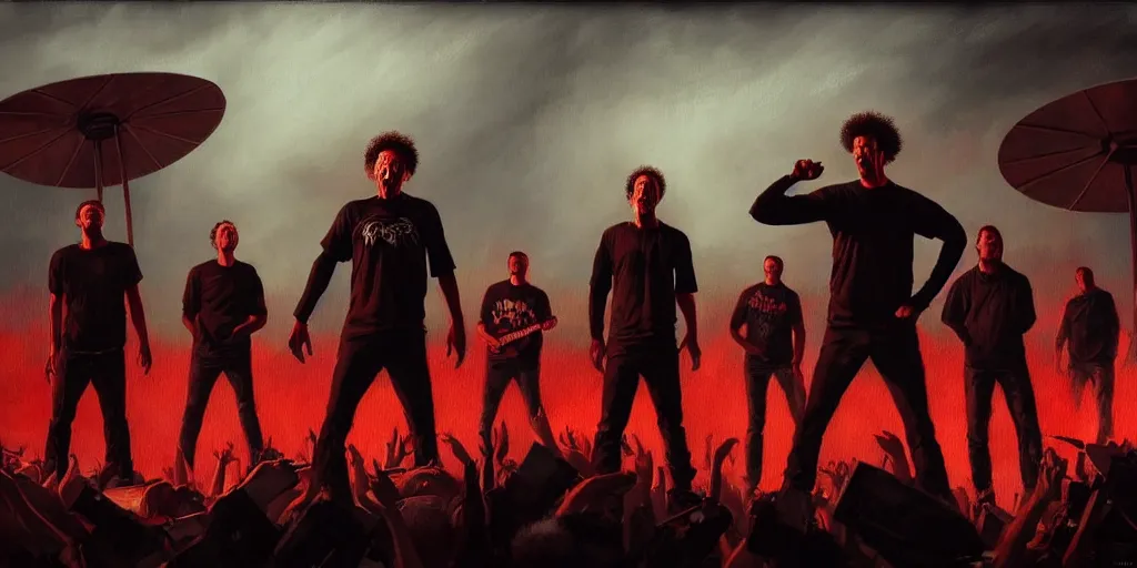 Prompt: concept art, of [ rage against the machine ] band memebers on a stage, front shot!!! humans fighting with robots behind!!, detailed, dark concept art, dark skies painting by wlop, nixeu and greg rutkowski, beautiful, semirealism, artstation, octane render, oil painting, sharpness, 8 k, golden ratio