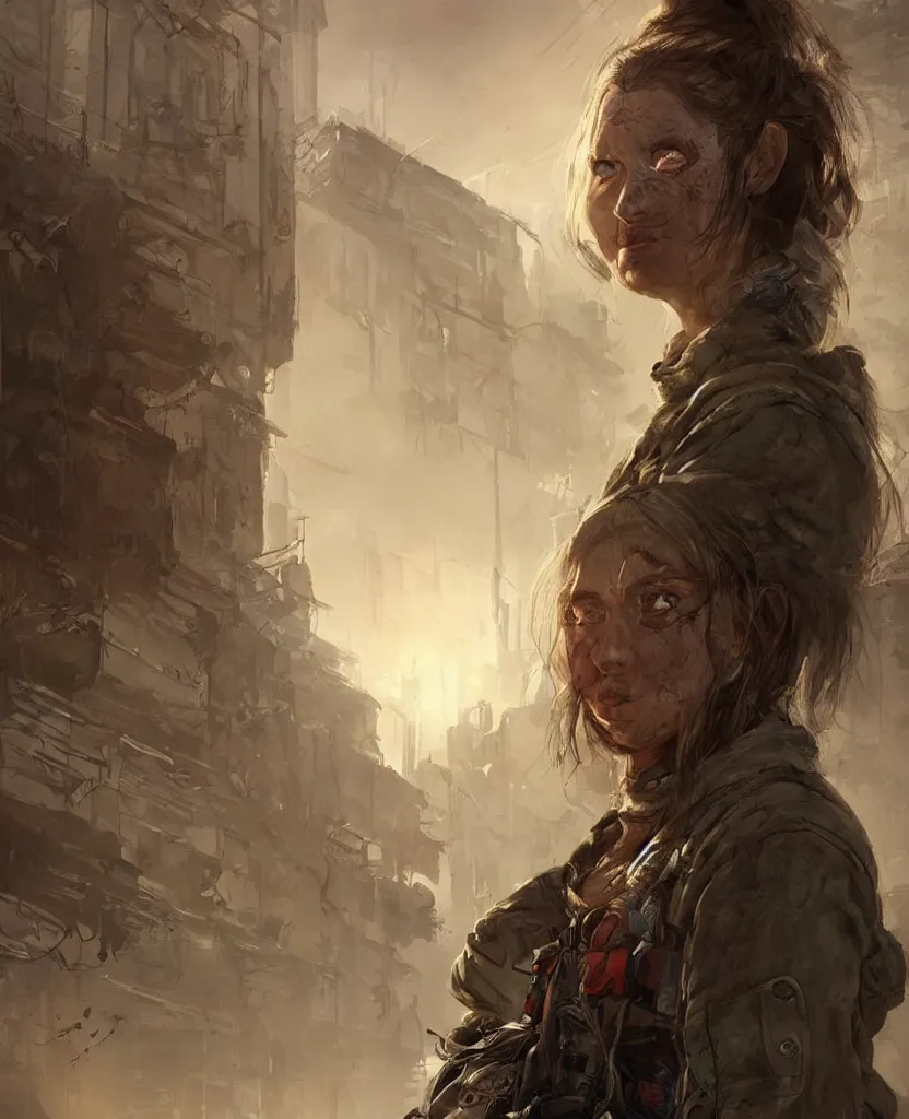Image similar to portrait of survivalist woman in a post apocalyptic city, beautiful concept art trending on artstation by senior concept artist