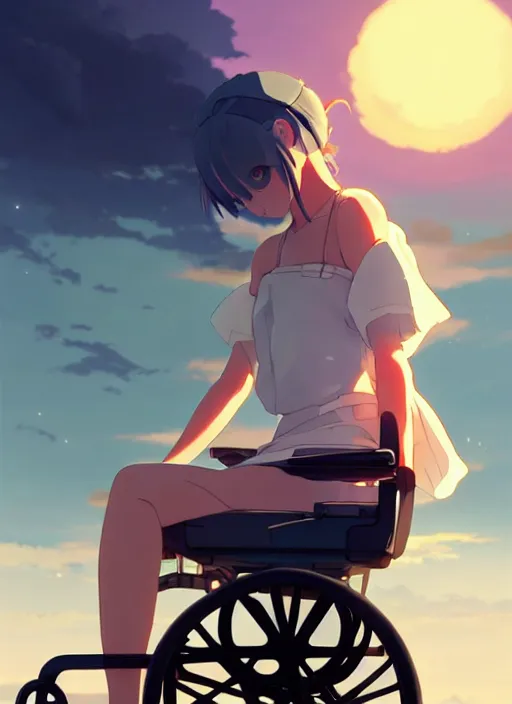 Prompt: side portrait of cute girl, sunset sky in background, beach landscape, illustration concept art anime key visual trending pixiv fanbox by wlop and greg rutkowski and makoto shinkai and studio ghibli and kyoto animation, futuristic wheelchair, symmetrical facial features, should eyes, future clothing, realistic anatomy, backlit, realistic face