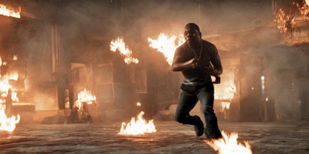 Image similar to a film still of cash money on fire while piling up in a vault, shallow depth of field, cinematic, award winning cgi, vfx, film still