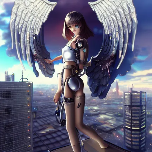 Image similar to cute cyborg - angel girl with large angelic wings standing on the edge of a rooftop overlooking a dystopian city, left eye gold and right eye silver, biomechanical details, bionic cyborg implants, digital cyberpunk - anime art, full body shot, wlop, ilya kuvshinov, artgerm, krenz cushart, greg rutkowski