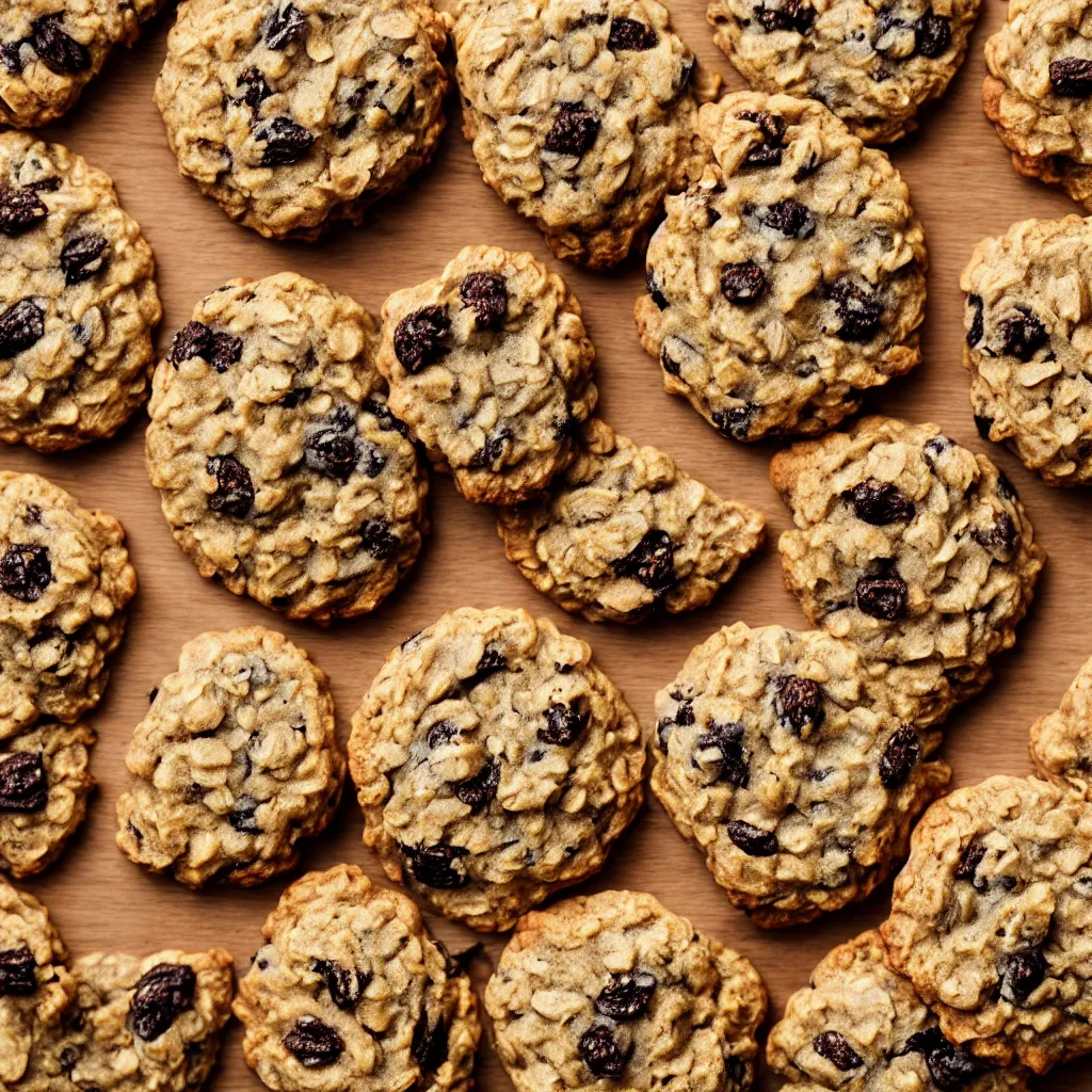 Prompt: close - up view of singular brown oatmeal raisin cookies on top of a wooden table, 8 k, high detail, photorealistic, proper shading