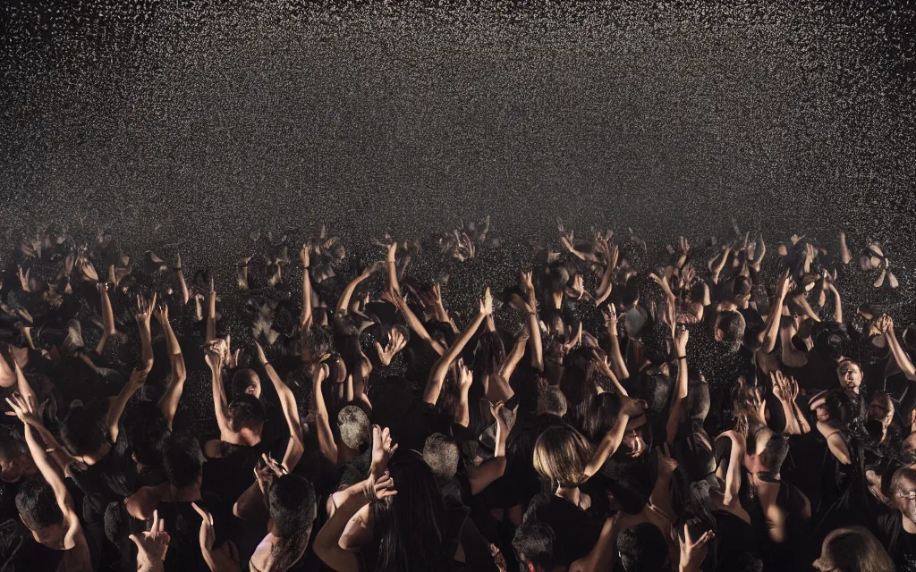 Prompt: photography of a techno party, a giant wave of people with shiny eyes wearing black clothes dancing, gregory crewdson, erwin olaf, epic composition, 4 k,