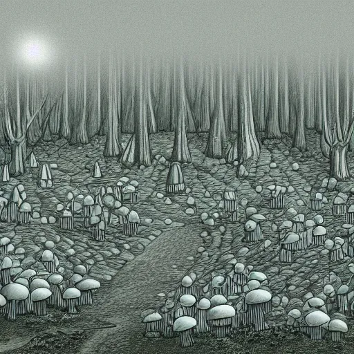 Image similar to drawing of a mushroom city in the middle of the forest, high details, godrays, 4k