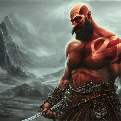 Image similar to Kratos, elden ring boss, matte painting, detailed, elden ring, oil on canvas