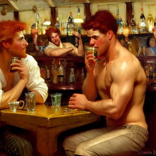 Image similar to attractive mike, wearing pants, with ginger hair with attractive tyler with brunet hair, drinking their hearts out, in a pub, no shirt. very defined and highly detailed painting by gaston bussiere, j. c. leyendecker, craig mullins 8 k