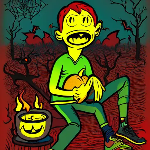 Prompt: spooky boy lit by campfire, illustration in the style of Jamie Hewlett, bold colors, highly detailed