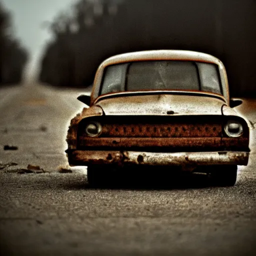 Prompt: A broken rusty automotive, in a town filled with pale yellow mist. Dystopian. End of the world. Film grain. Documentary photo. Sigma 40mm f/1.4 DG HSM