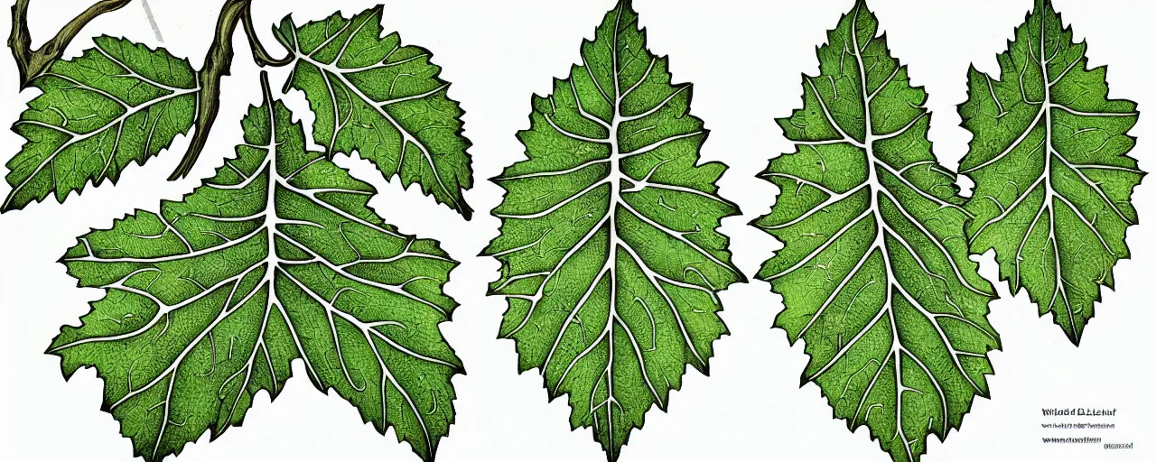 Image similar to leaf schematic, hybrid between oak leaf and wine leaf, ultra detailed, 4 k, intricate, encyclopedia illustration, fine color inking lines