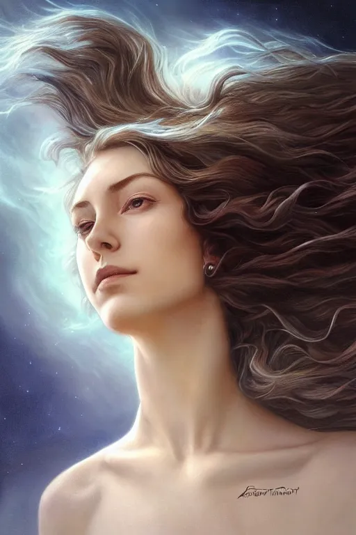 Image similar to wind blowing hair up!!! meditation trance! a celestial surreal creature, dreaming of the void, bust portrait, dnd, fantasy, intricate, elegant, highly detailed, digital painting, artstation, concept art, smooth, sharp focus, illustration, art by artgerm and tom bagshaw and greg rutkowski and alphonse mucha