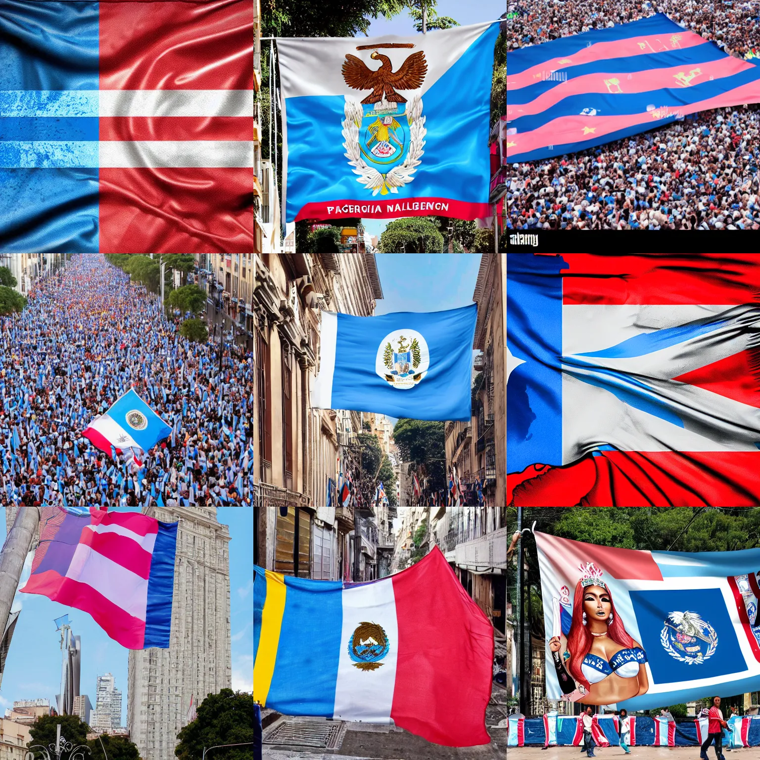 Prompt: Argentina presidential rally flag of Nicki Minaj president of Argentina forefront super detailed advertisement Argentine flags everywhere in the streets of Buenos Aires, super detailed,