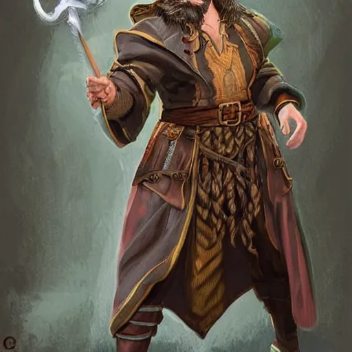 Prompt: Tarski Fiume, half-elf Time Wizard who looks like a young John Malkovich but with short brown hair and a beard, iconic character art by Wayne Reynolds for Paizo Pathfinder RPG
