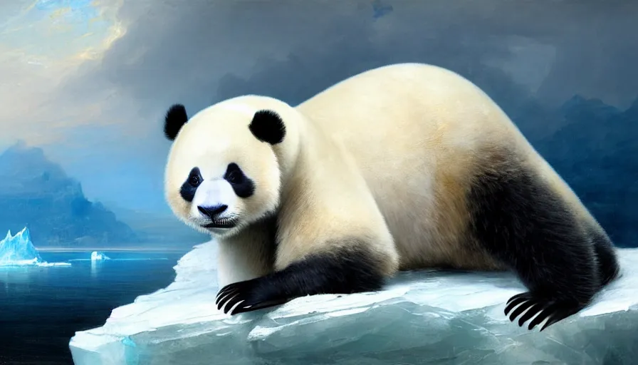 Image similar to highly detailed painting of humanoid creature thats half man and half cute baby white furry seal panda hybrid on a blue and white iceberg by william turner, by greg rutkowski, by william constable, thick brush strokes and visible paint layers, 4 k resolution