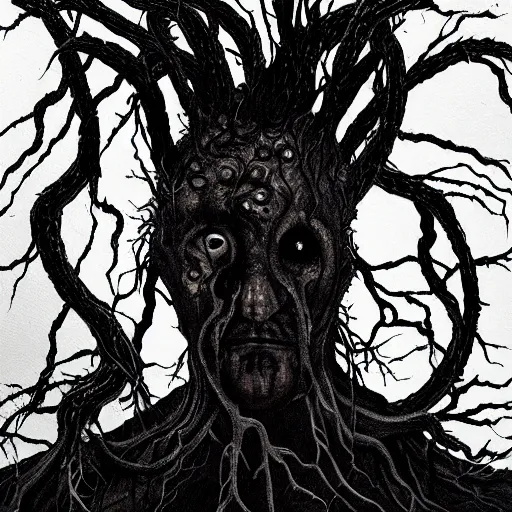 Image similar to award - winning painting of a edgar alan poe, infested with pitch black, tar - like, shadow roots with lots of tendrils on the skin, black veins, intricate detail, deep black roots, infestation, shadowy, lovecraftian, beksinksi, black and white, chiaroscuro, full body shot