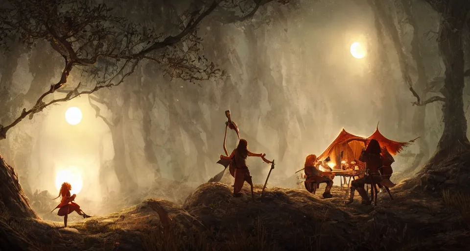 Image similar to an epic fantasy adventurer's camp with a hide tent at night with a full moon, a single adventurer with red hair playing an instrument, 4 k, extremely detailed. award winning, trending on artstation, 8 k, ultra wide angle