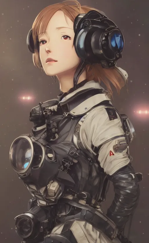 Image similar to pilot girl, cyborg aircraft parts, anime style, vintage pilot clothing, shoulder eyes, last exile anime, hair down, symmetrical facial features, from arknights, hyper realistic, 4 k, rule of thirds, extreme detail, detailed drawing, trending artstation, realistic lighting, by alphonse mucha, greg rutkowski, interior background