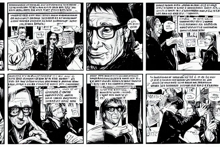 Image similar to bill gates doing a presentation, a page from cyberpunk 2 0 2 0, style of paolo parente, style of mike jackson, adam smasher, johnny silverhand, 1 9 9 0 s comic book style, white background, ink drawing, black and white