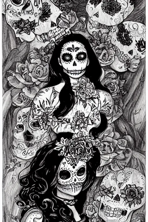 Prompt: Illustration of a sugar skull day of the dead girl, art by charles vess