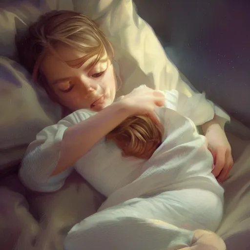 Image similar to little girl in pajamas sleeping, realistic portrait, highly detailed, digital painting, artstation, concept art, smooth, sharp focus, illustration, cinematic lighting, art by artgerm and greg rutkowski and alphonse mucha