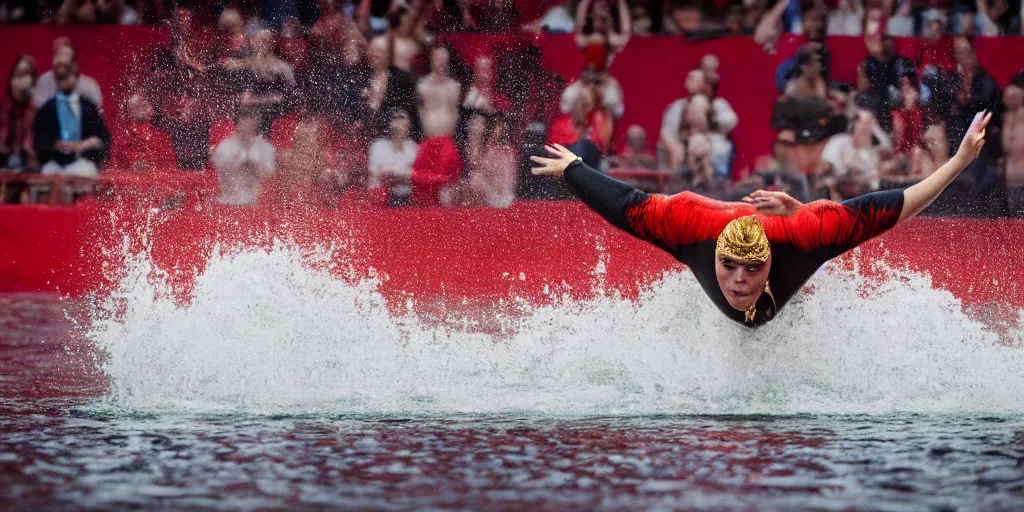 Image similar to a bullfighter swimming in a red ocean