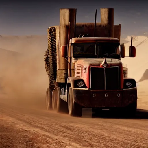 Image similar to t 6 6 0 tractor trailer truck in mad max : fury road, midday light, dust storm,