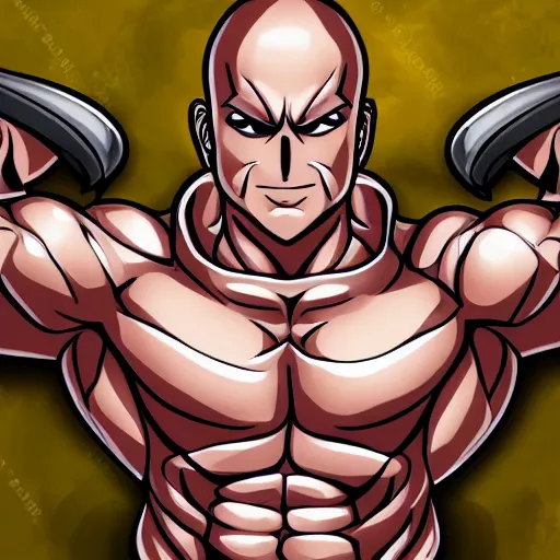 Image similar to muscular bald man, tattooed body, sword in hands, HD, anime style,