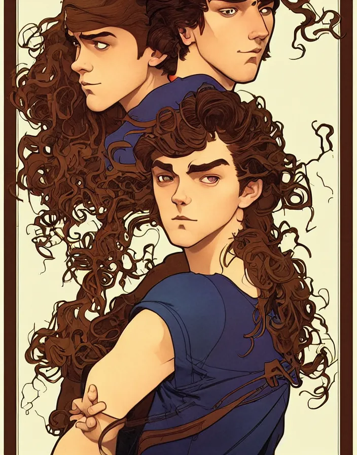 Prompt: art nouveau portrait of a young super hero with curly light brown hair, brown eyes, serious facial expression, gloomy mood, angry, t - shirt, natural lighting, path traced, highly detailed, high quality, cartoon, digital painting, by don bluth and ross tran and studio ghibli and alphonse mucha