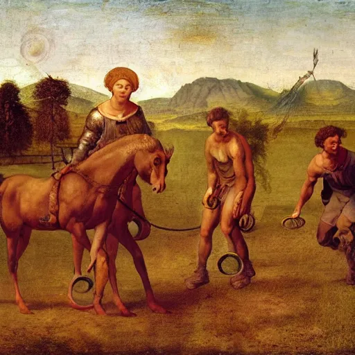 Image similar to dumb country boy playing horseshoes, biopunk, leonardo da vinci painting, high resolution,