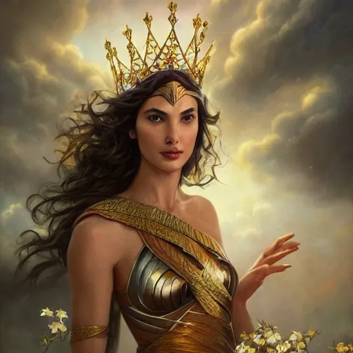 Image similar to fine art photo of the beauty goddess gal gadot, she has a crown of mesmerizing flowers, she is arriving heaven, background full of stormy clouds, by peter mohrbacher, long shot