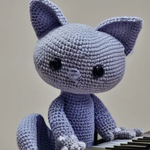 Image similar to product image of a crochet gray cat in light blue shirt playing crochet piano. beautifully made, very detailed, studio lighting, high quality, high resolution