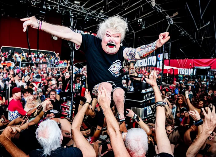 Image similar to photo still of rip taylor at vans warped tour!!!!!!!! at age 6 3 years old 6 3 years of age!!!!!!! stage diving at a crowd, 8 k, 8 5 mm f 1. 8, studio lighting, rim light, right side key light