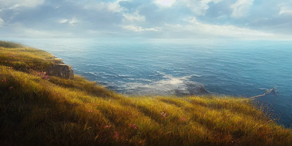 Prompt: Field on the edge of a cliff overlooking the ocean by Jessica Rossier