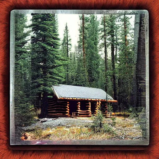 Image similar to cabin in the woods, pine trees, hyper realistic, national geographic cover, photograph, f 8. 0, 3 2 mm, polaroid