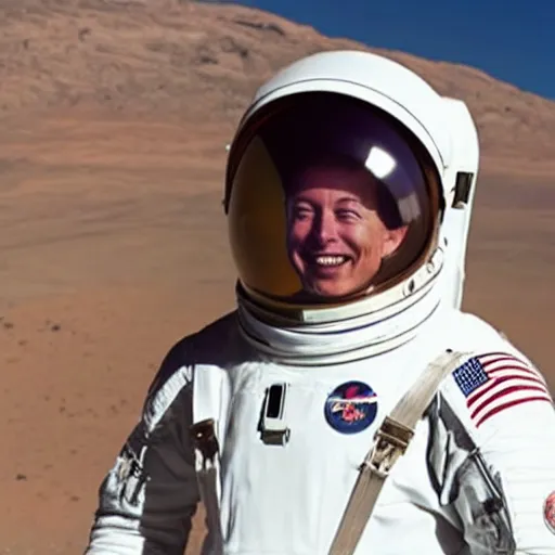 Image similar to Happy Elon Musk on Mars, photo, portrait, centered, in spacesuit, smoking, detailed, close up 2040