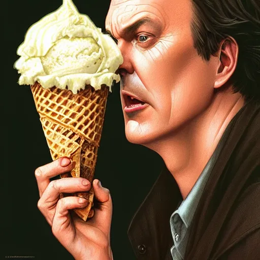 Prompt: Michael Keaton eating an ice cream cone, closeup, D&D, fantasy, intricate, elegant, highly detailed, digital painting, artstation, concept art, matte, sharp focus, illustration, art by Artgerm and Greg Rutkowski and Alphonse Mucha