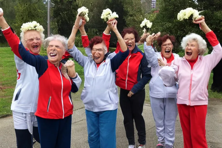 Image similar to a gang of old ladies waving sledge hammers and flowers, and wearing track suits laughing maniacally and screaming