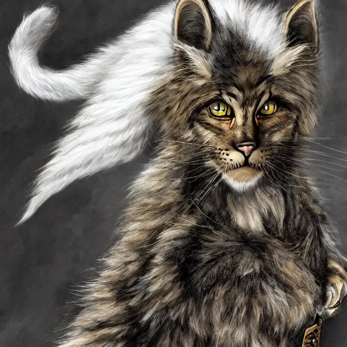 Image similar to khajit tabaxi catfolk humanoid with maine coon features black fur with a scar on the left eye and holding two shortswords cloaked in shadow and wearing hooded leather armor toned muscle, dungeons and dragons, pure white background, fantasy, tarot card style, high detail, hyper realistic