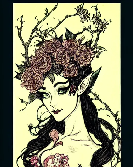 Image similar to burlesque elf, flowers in hair, fantasy character portrait, ultra realistic, concept art, intricate details, art nouveau, japanese woodblock, cinematic, highly detailed by arthur rackham