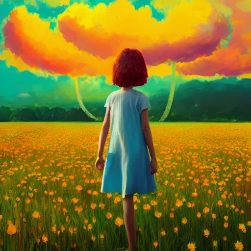 Image similar to giant daisy flower as head, girl standing in a flower field, surreal photography, sunrise, dramatic light, impressionist painting, colorful clouds, digital painting, artstation, simon stalenhag