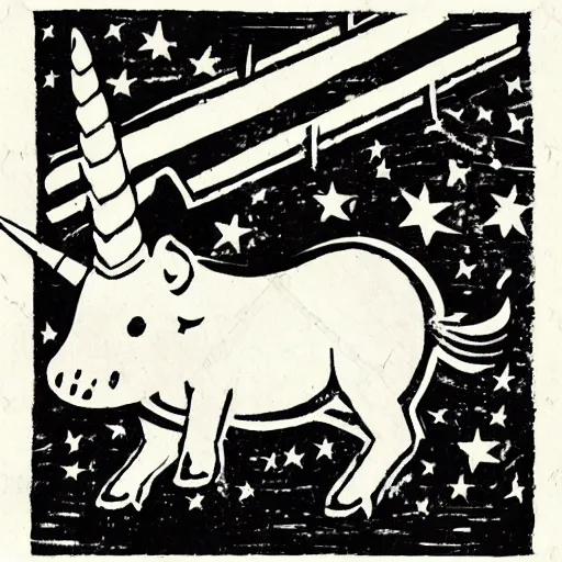 Prompt: black and white flying pig with unicorn horn and white wings woodcut