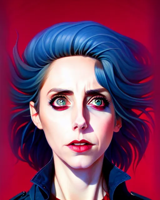 Image similar to loish, artgerm, Joshua Middleton art, Rafeal Albuquerque, pretty Alison Brie serial killer holding bloody knife in right hand realistic hand, blood on clothes and face, sarcastic smile, symmetrical eyes, symmetrical face, jean jacket, jeans, short blonde hair, middle shot, night time, deep blacks