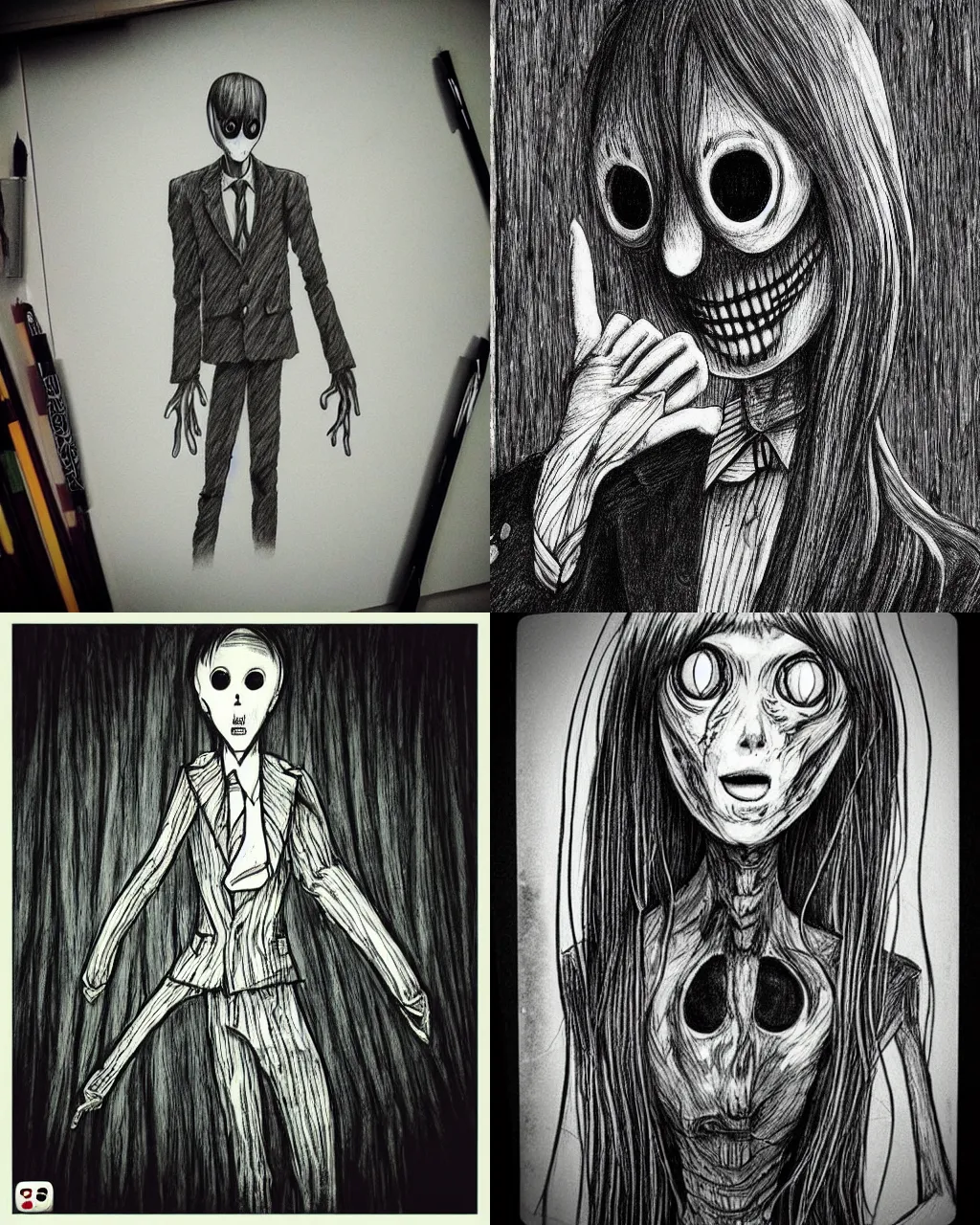 Prompt: “Slenderman, Junji Ito, drawing, creepy”