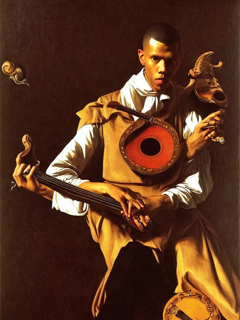 Image similar to a masterpiece portrait of stromae as a bard with a mandolin by caravaggio, epic composition, epic light, exquisite details, dark mood,