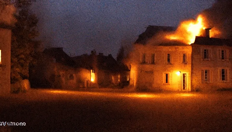 Image similar to mini dv still of a heavy burning french style little house by night in autumn, in a small northern french village, by sony mini dv camera, heavy grain, low quality, high detail, dramatic light, anamorphic, flares