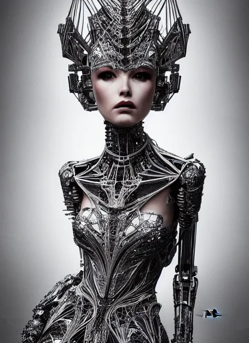 Prompt: portrait of beautiful female robot super model, perfect symmetrical pose, sharp, by irakli nadar with intricate detailed wearing silver victorian dress designed by alexander mcqueen and rocky gathercole, haunting, elite, elegant, ruan jia, dark, hyper detailed, concept art, intricate, detailed